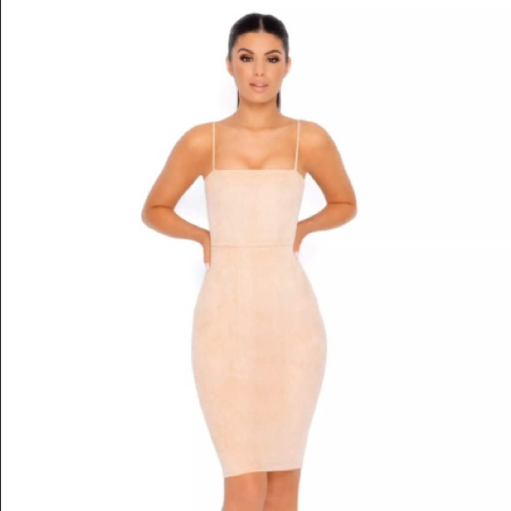 THROWING SUEDE STRAPPY KNEE LENGTH DRESS IN CAMEL
